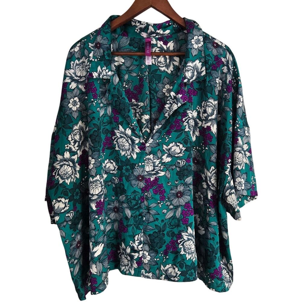 Whimisgoth Tropical Gothic Cottagegoth Floral Blouse Green/White/Purple Size 3X 